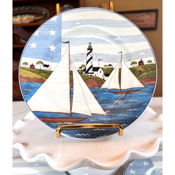 VTG Warren Kimble Americana Themed Dessert Plates Patriotic Scenes Stoneware 8" - Picture 4 of 13